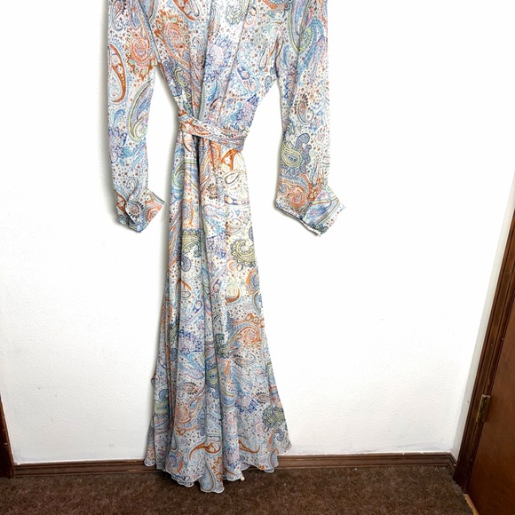 Paisley Maxi Dress blue cream sheer sz L flowy long sleeve whimsy feminine - Picture 10 of 13